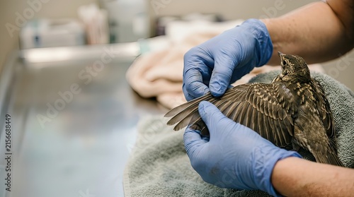 bird being rehabilitated with wing injury examined by gloved hands in clinical setting