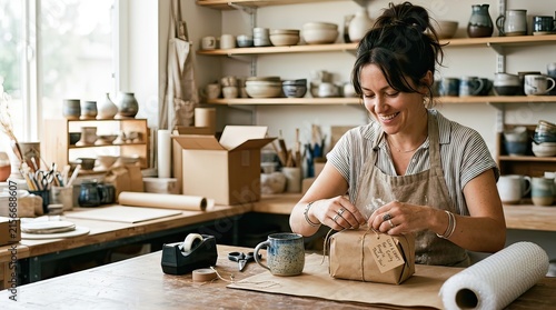 woman artisan wrapping a handmade package in a pottery studio