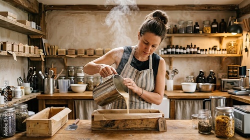 Soap maker pours melted soap into wooden molds in a rustic craft workshop