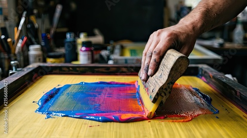 Hand using a squeegee to pull vibrant inks across a screen print on yellow fabric in a workshop