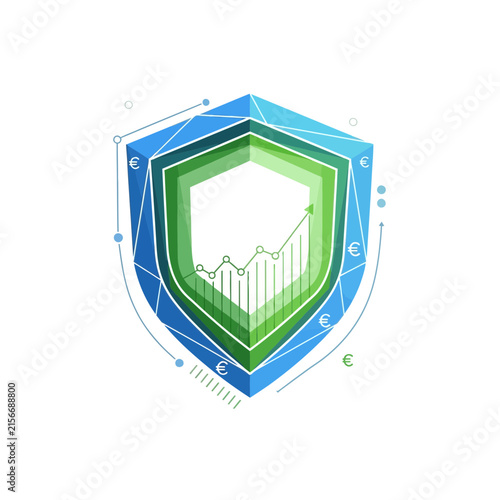 Secure financial data shield with upward growth chart and euro symbols, isolated