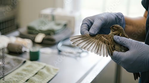 wildlife rehabilitator examining a small bird wing in a veterinary clinic