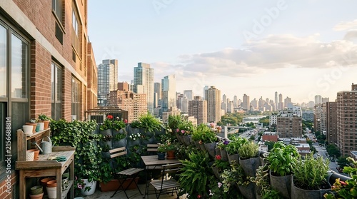 Urban balcony garden with potted plants overlooking the city skyline