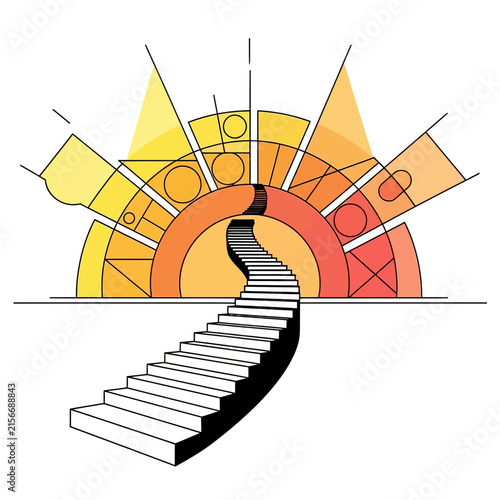 Staircase leading to abstract sunburst design