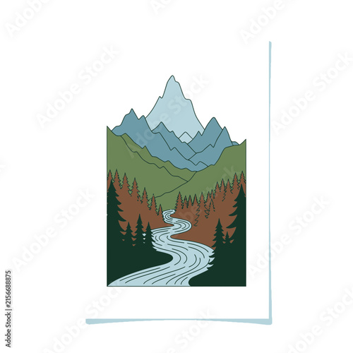 Stylized Mountain Landscape with Winding River and Forest