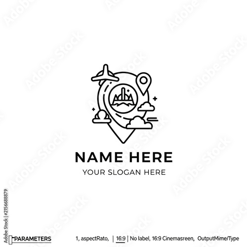 Travel Icon, Map Pin, Airplane, Mountains, Clouds, Location Marker