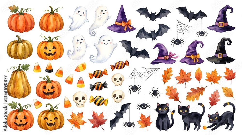 Obraz premium A delightful halloween collection featuring pumpkins witches bats black cats and vibrant autumn leaves