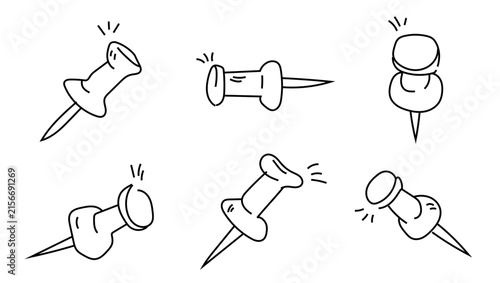 Push Pin Hand Drawn Doodle Vector Line Art Illustration Set