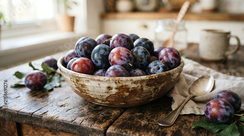 plums in a rustic bowl on a wooden table with natural light