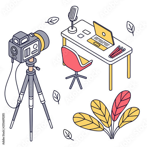 Isometric illustration of a video content creator workspace with a professional camera on a tripod and a desk with a laptop for streaming and recording