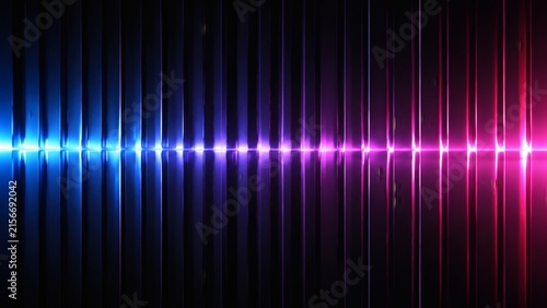 Ribbed glass background with refracted neon light and smooth horizontal glow. Abstract glass texture with fluted structure and glowing linear reflection for technology visuals and innovation concepts 