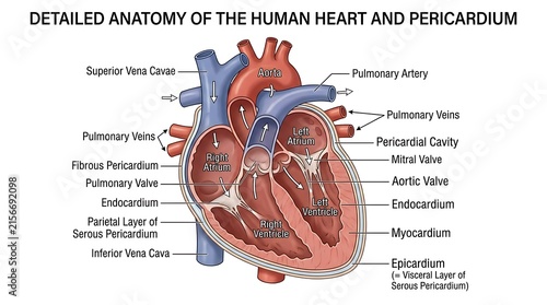 Educational medical illustration of human heart anatomy with detailed, chambers