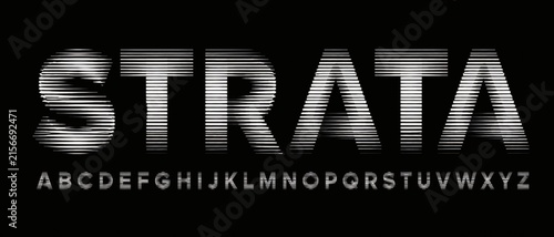 Alphabet with ribbed glass effect. Geometric typography set with bold capital letters distorted by vertical ribbing. Creative sans serif font with distortion through glass. Vector illustration
