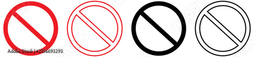 Prohibition and no entry symbol icon collection featuring red and black circle designs with diagonal slash marks, flat vector illustration isolated on white background for warning, safety and restrict