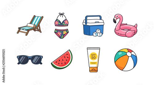 Summer beach essentials and vacation accessories icon set
