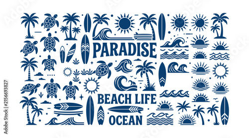 Set of blue beach theme icons and decorative elements