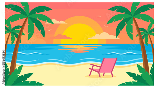 Tropical beach sunset landscape with palm trees, landscape