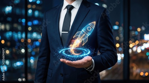 Business person holding a glowing digital rocket startup icon