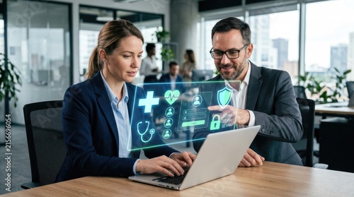 Business people working together with digital healthcare holographic interface in office