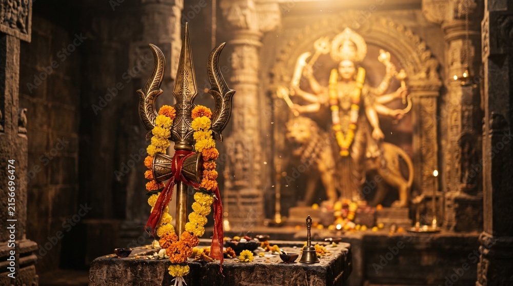 Fototapeta premium Close-up of a golden Trishul trident decorated with marigold flowers garland, with a blurred silhouette of Goddess Durga in the moody temple ... See More