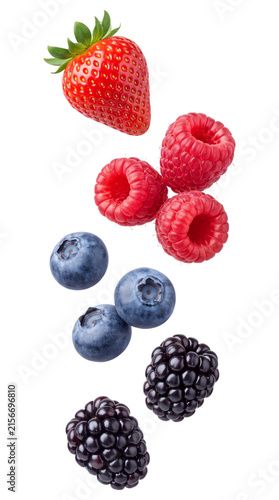 Fresh strawberries, raspberries, blueberries, and blackberries isolated on transparent background