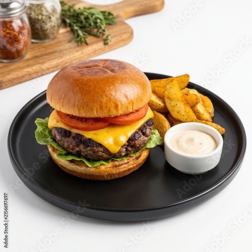 Gourmet cheeseburger with potato wedges and dipping sauce