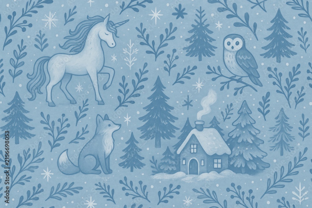 Naklejka premium Whimsical winter forest creatures illustration background