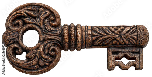 Intricately carved wooden key with vine shaped ornamental details, showcasing elegant craftsmanship and vintage charm., isolated