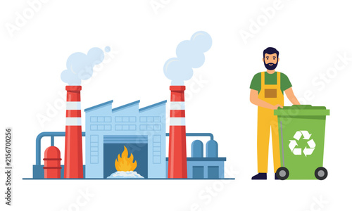Waste management vector illustration, featuring a trash incineration factory building plant and a man with recycling bin