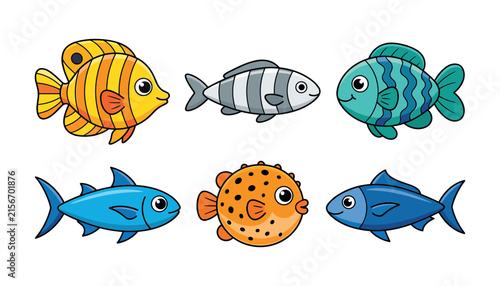 Ocean Fish Cartoon Icon Set with Pufferfish Tuna and Striped Reef Characters for Kids Graphic Print Patterns and Children Room Book Designs
