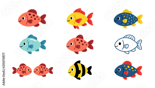 Sea Fish Cartoon Icon Set with Striped and Spotted Reef Characters for Kids Fabric Print Patterns and Children Room Decor Designs