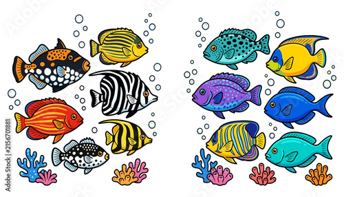 Deep Sea Swimming Creatures with Decorative Coral Polyps and Rising Air Bubbles for Kindergarten Learning Materials and Playful Nursery Wallpaper Graphics
