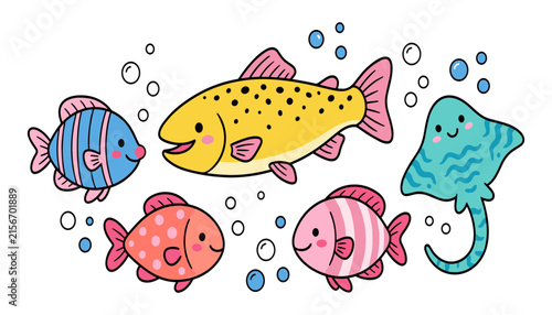 Kawaii Ocean Sea Animals Cartoon Icon Set with Stingray and Tropical Fish Characters and Bubbles for Kids Print Patterns and Children Card Designs