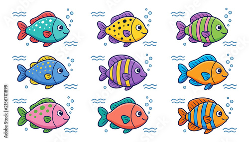 Vibrant Deep Sea Swimming Creatures Array featuring Submerged Floating Oxygen Spheres and Stylized Linear Water Ripple Elements for Elementary School Scrapbooking and Playful Child Apparel Themes