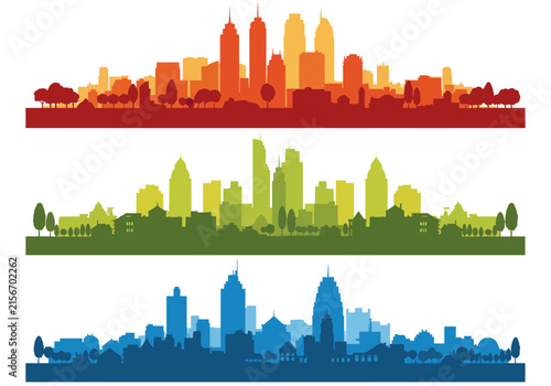 Colorful cityscape silhouettes depicting urban skyline landscapes in three colors with real estate cityscape silhouette landscape buildings architecture