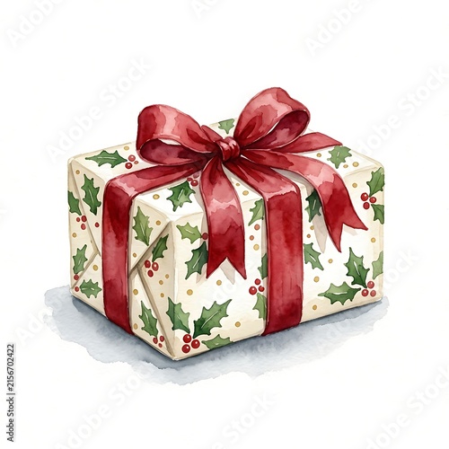A beautifully wrapped christmas gift adorned with a vibrant red bow and festive watercolor details