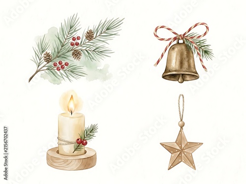 A beautiful watercolor christmas scene featuring candles a bell and a delicate star ornament