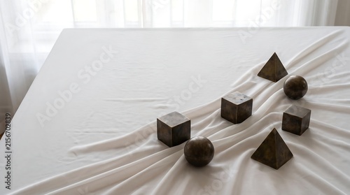 Geometric shapes and draped fabric creating an artistic arrangement on a white surface, offering a blend of form and texture