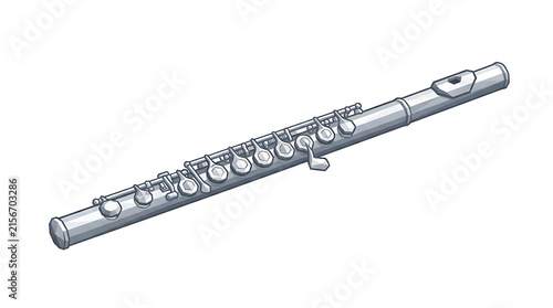 Low poly silver flute instrument icon isolated against white background for orchestral design projects