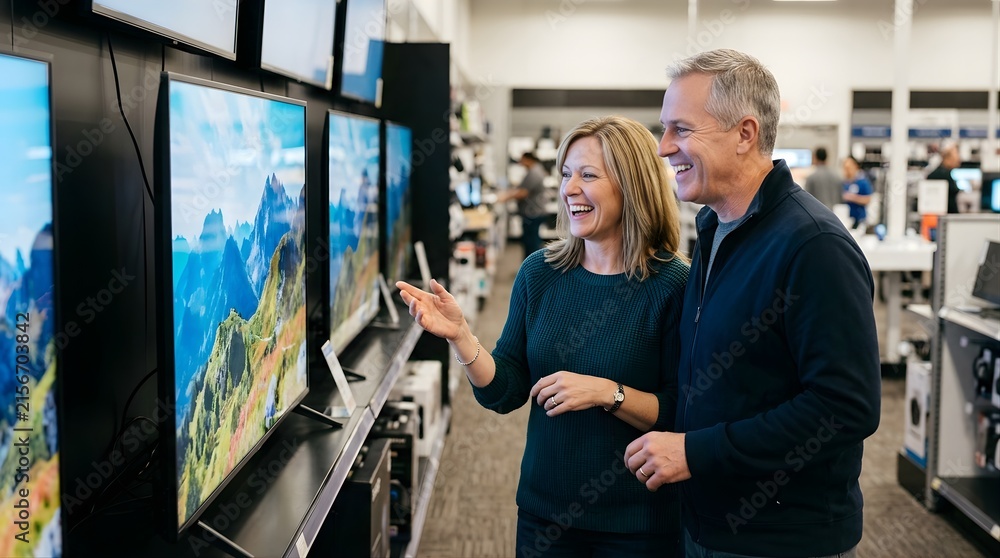 Fototapeta premium Happy middle-aged couple shopping for new television in electronics store