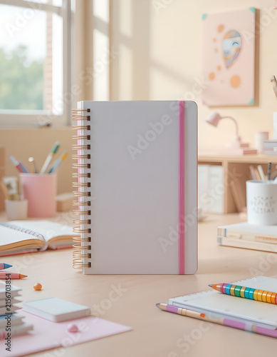 Blank Spiral Notebook Cover Mockup on Cozy Desk Background