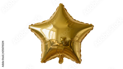 Quadro su tela Shiny golden star-shaped foil balloon reflecting interior room, isolated on tran
