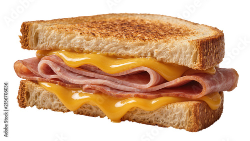 Golden toasted bread sandwich with melted cheese and ham slices, isolated on transparent background