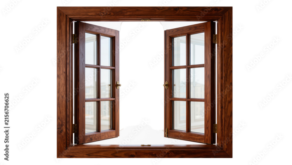 Fototapeta premium Open wooden casement window with six panes, isolated on transparent background