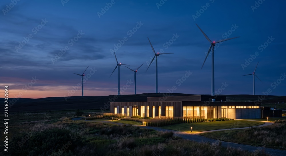 Obraz premium Wind turbines powering modern data center at dusk with glowing windows and clean energy infrastructure