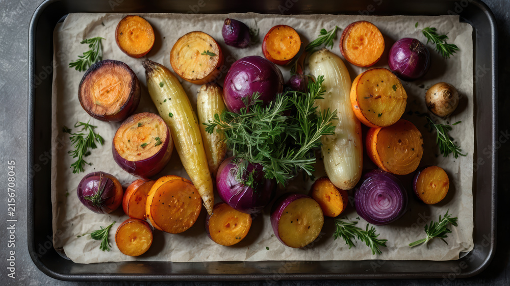Fototapeta premium Roasted root vegetable assortment arranged on parchment