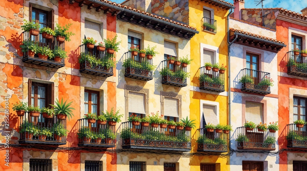 Fototapeta premium Row of colorful traditional european apartment buildings with green potted plants on balconies. Rustic architecture in a sunny spanish street.