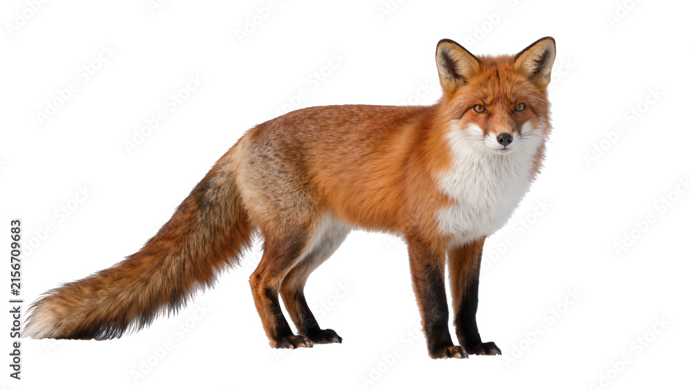 Naklejka premium Red fox with bushy tail standing alert, isolated on transparent background