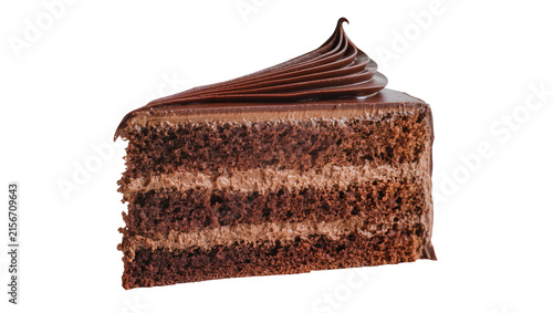 Rich chocolate cake slice with creamy frosting, isolated on transparent background