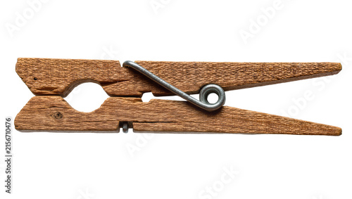 Natural wood clothespin with metal spring, isolated on transparent background